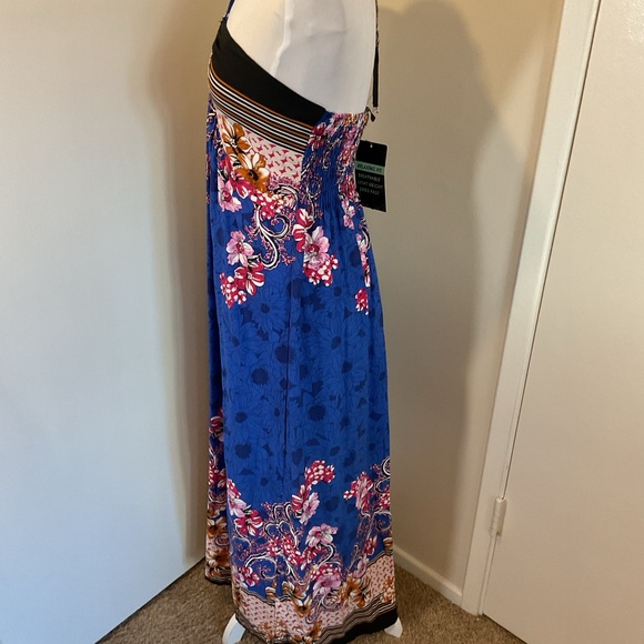 NWT La La Muse Blue Black Floral Strapless Halter Maxi Dress Size XL Boho Chic - Picture 5 of 7